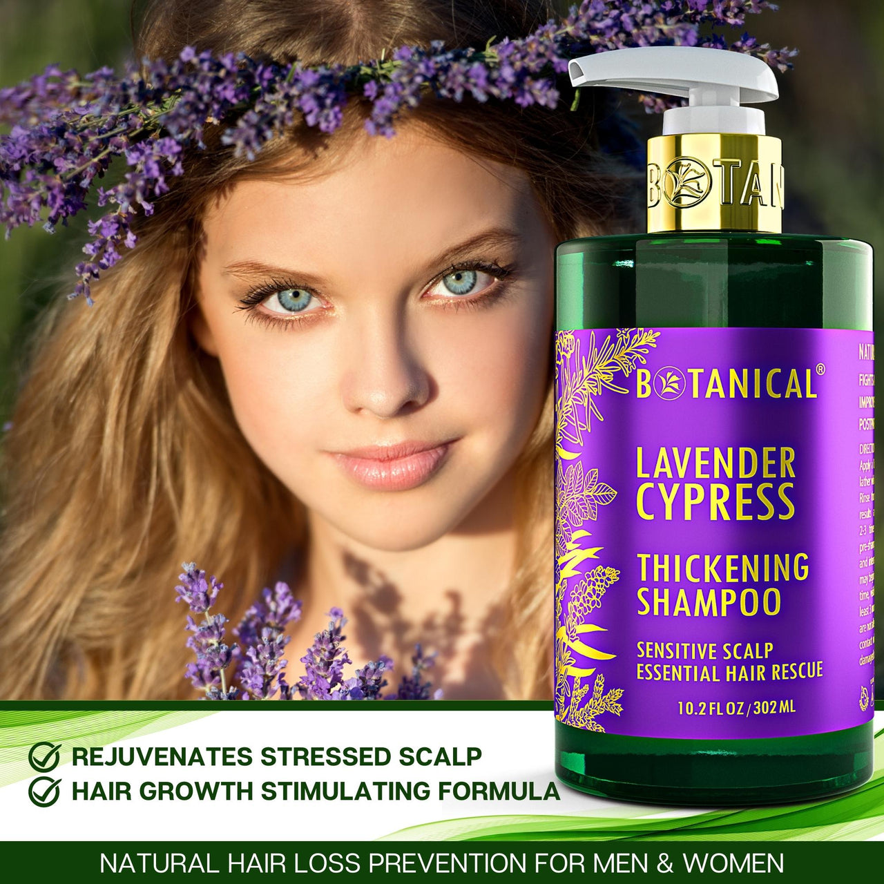 Lavender & Cypress Thickening Shampoo for Thinning Hair - Sensitive Scalp - 10.2 Fl Oz