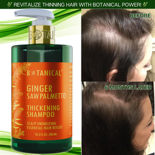 Botanical Ginger & Saw Palmetto Thickening Shampoo for hair loss and hair thinning prevention for women before and after